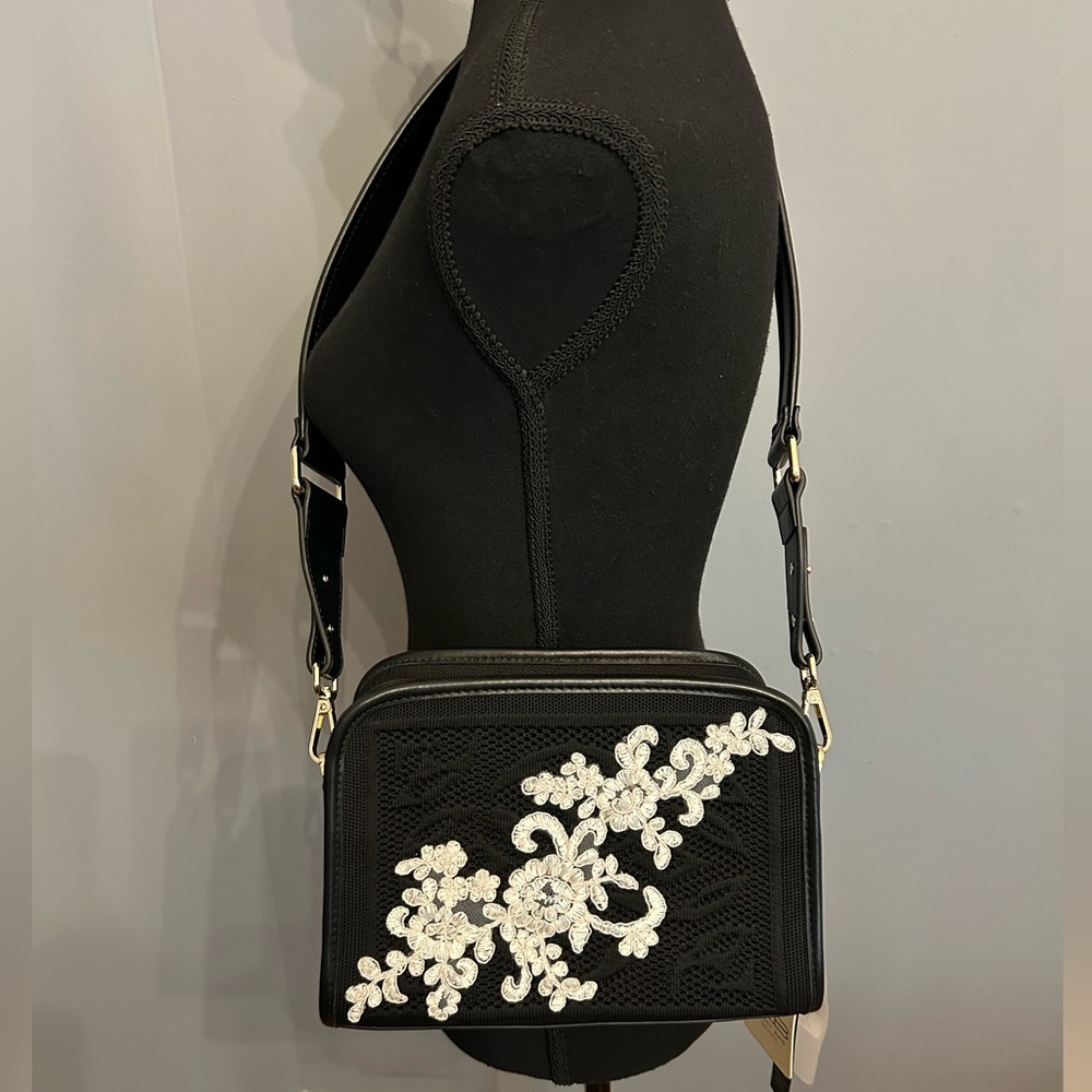My Best Bag Firenze Black Embossed Crochet and Leather Crossbody Bag w/ 2 Straps